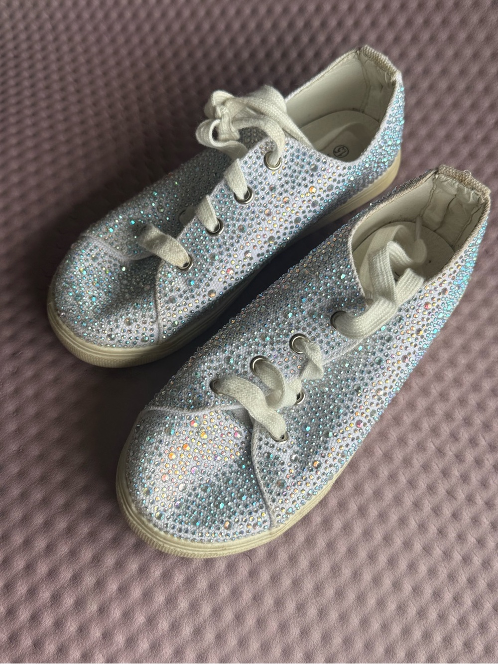 Girls Sparkle Rhinestone White Sneakers - Kids Casual Shoes